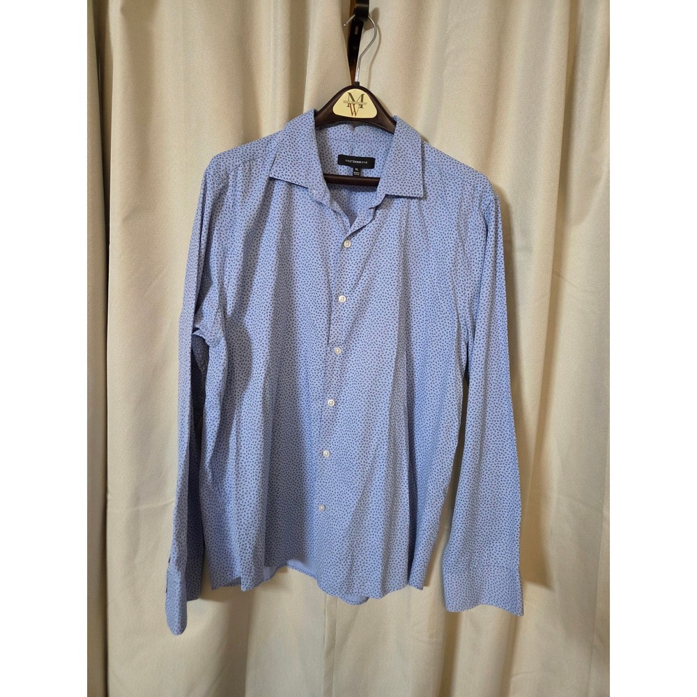 WestZeroOne Mens XL Blue Herringbone Micro Leaf Print Long Sleeve Button Down